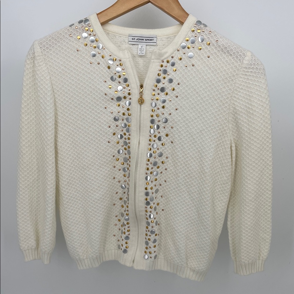 Vintage St. John Sport Ivory Embellished Zip Cardigan Women Size Small
